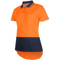 JB's Wear 6HDS1 Ladies Hi Vis S/S Drop Tail Polo - Side View | color:Orange/Navy|view:side