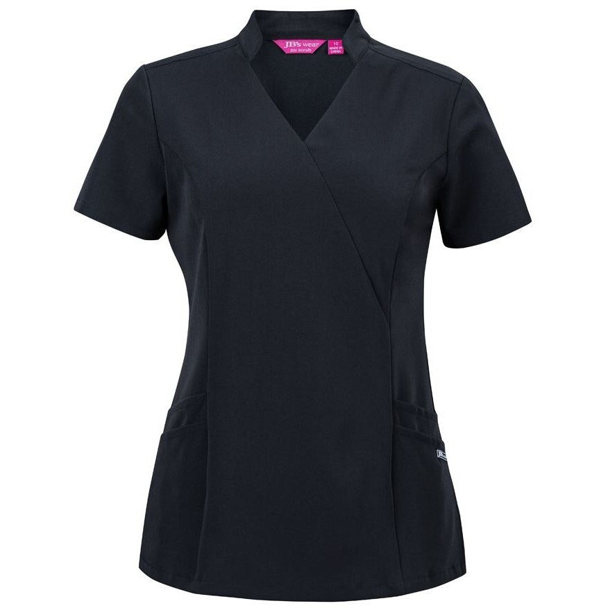 JB's Wear 4SMT1 Ladies Nu Mandarin Collar Scrub Top - Front View | color:Black|view:front