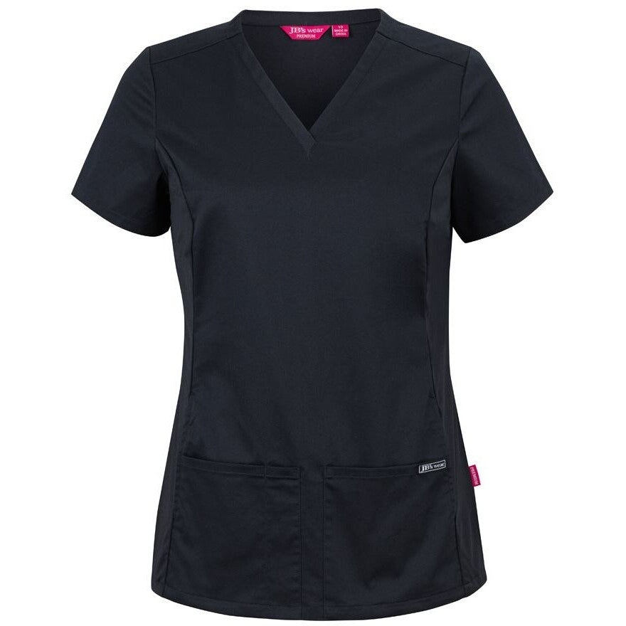 JB's Wear 4SUT1 Ladies Premium Stretch Panel Scrub Top - Front View | color:Black|view:front
