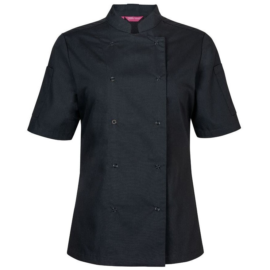 JB's Wear 5CJS1 Ladies S/S Snap Button Chef Jacket - Front View | color:Black|view:front