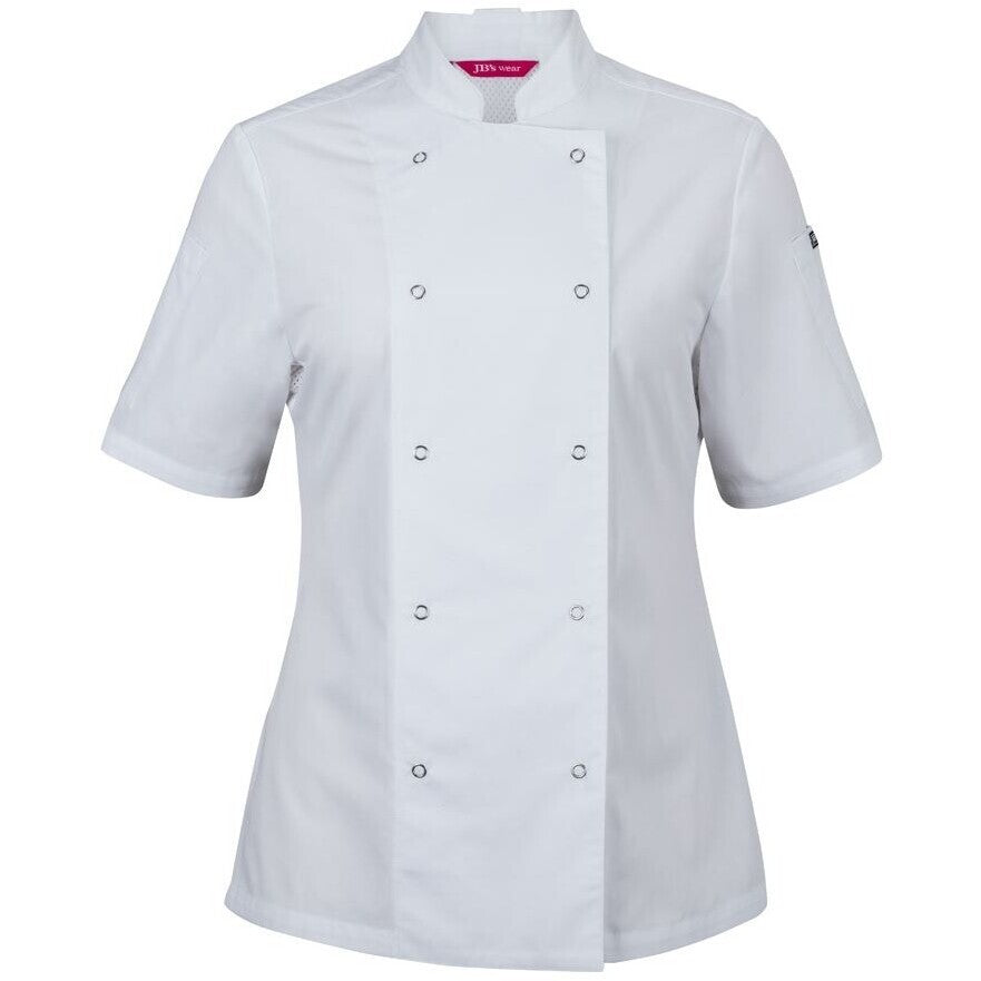 JB's Wear 5CJS1 Ladies S/S Snap Button Chef Jacket - Front View | color:White|view:front