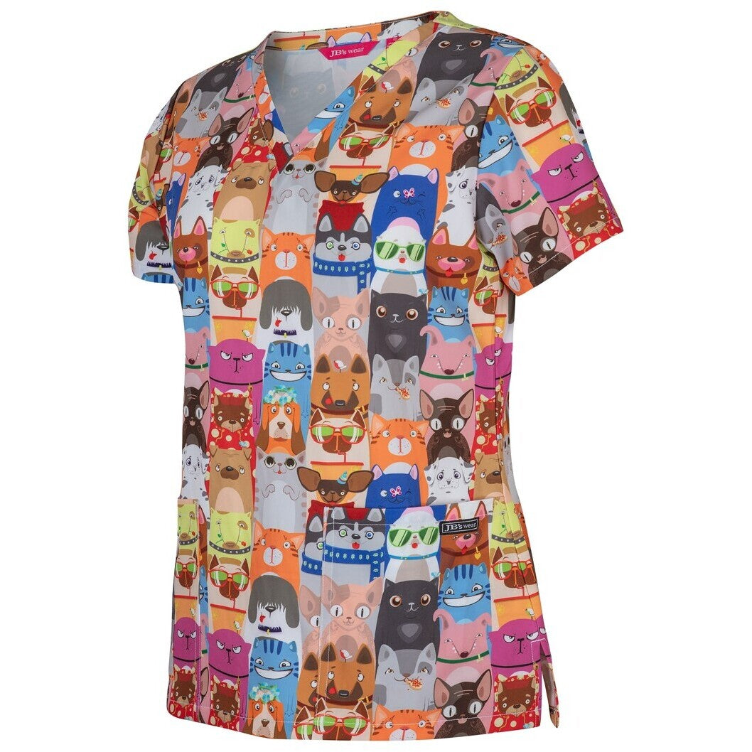 JB's Wear 4STP1 Ladies Scrub Top Printed - Side View | color:Raining Cats & Dogs|view:side