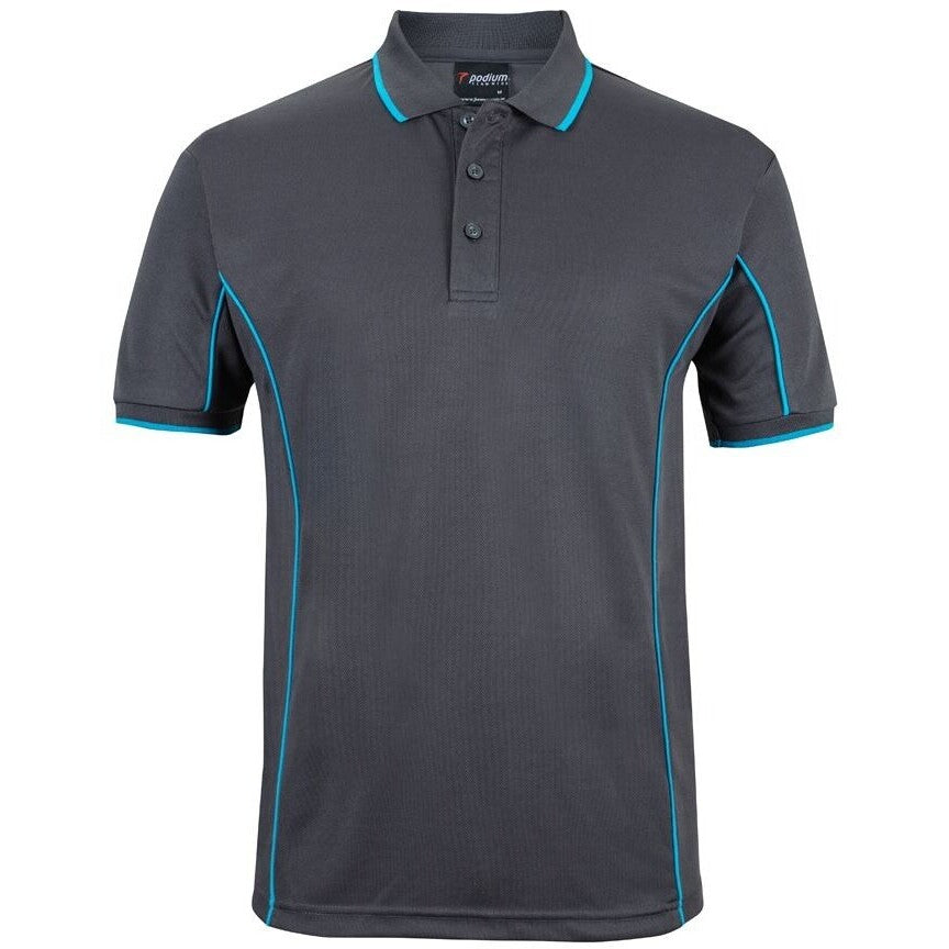 JB's Wear 7PIP S/S Piping Polo - Front View | color:Charcoal/Aqua|view:front