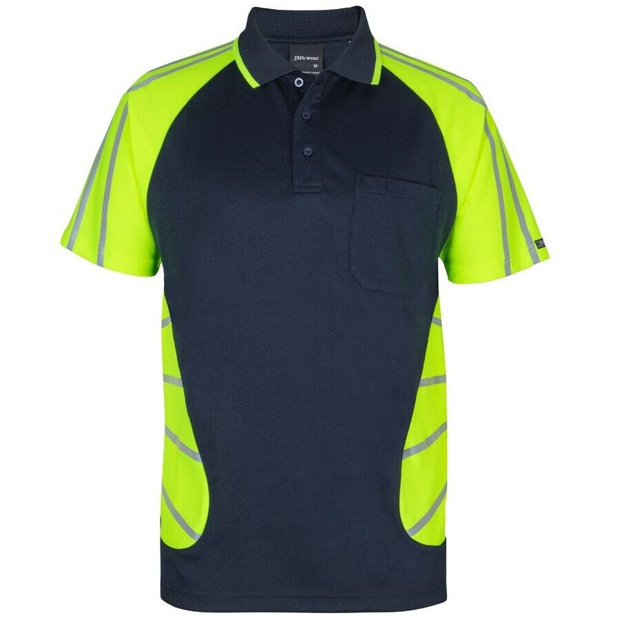 JB's Wear 6HSSR Street Spider Polo with Reflective Stripes - Front View | color:Navy/Lime|view:front