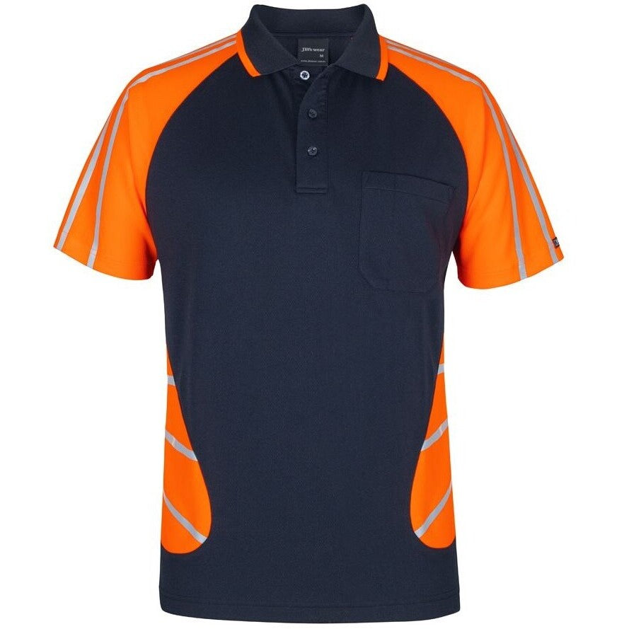 JB's Wear 6HSSR Street Spider Polo with Reflective Stripes - Front View | color:Navy/Orange|view:front