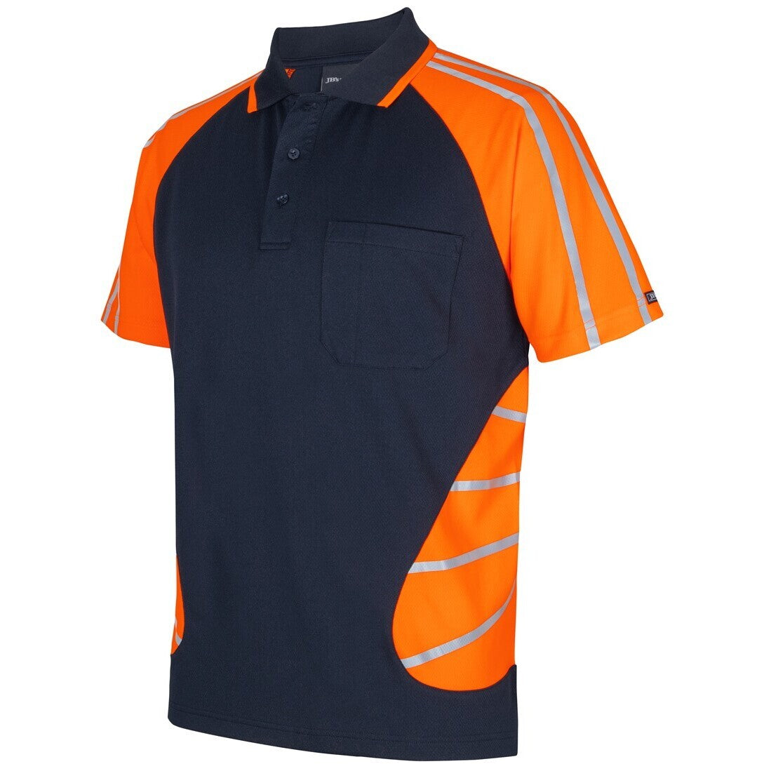 JB's Wear 6HSSR Street Spider Polo with Reflective Stripes - Side View | color:Navy/Orange|view:side